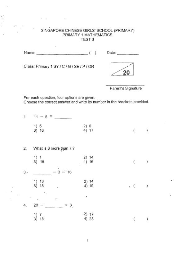 First page preview of P1 Math 2018 WA3 — Singapore Chinese Girls