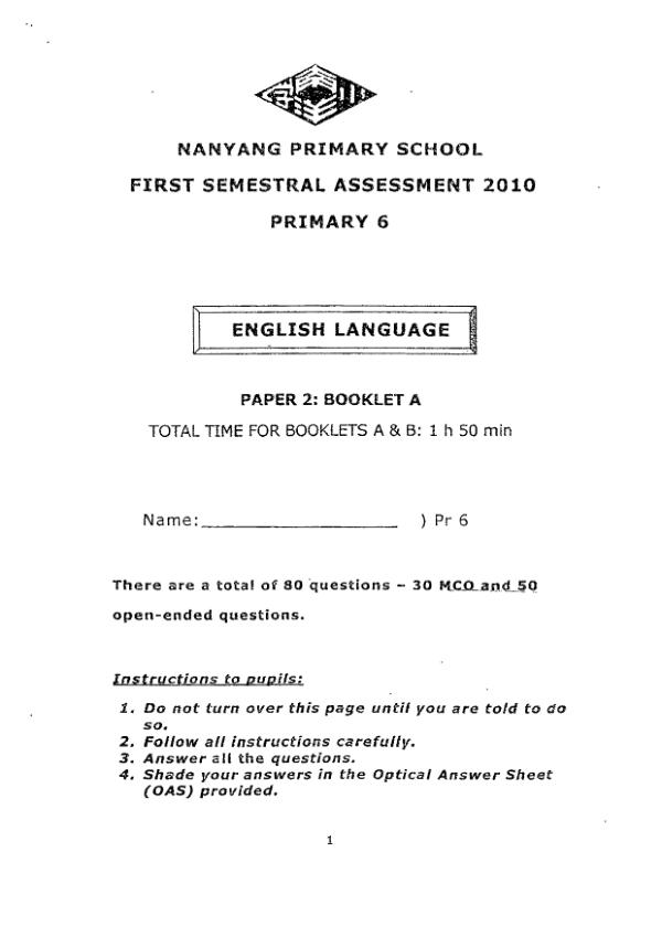 Nanyang P6 Eng WA2 2010 exam paper PDF first page preview
