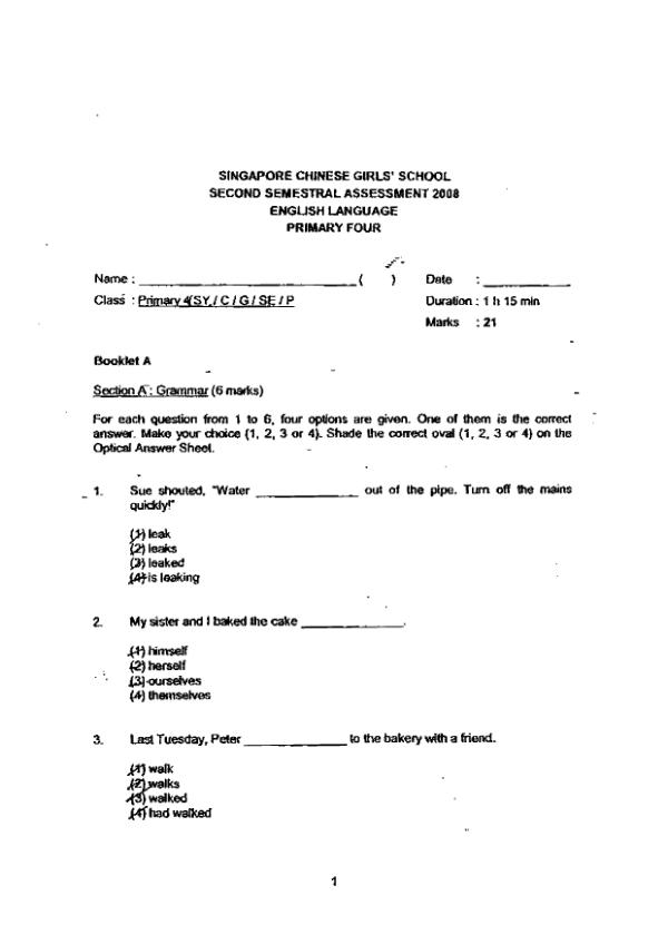 Singapore Chinese Girls P4 Eng SA2 2008 exam paper PDF first page preview