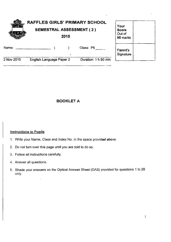 Raffles Girls P5 Eng SA2 2015 exam paper PDF first page preview