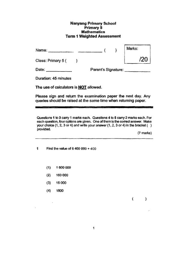 First page preview of P5 Math 2023 WA1 — Nanyang