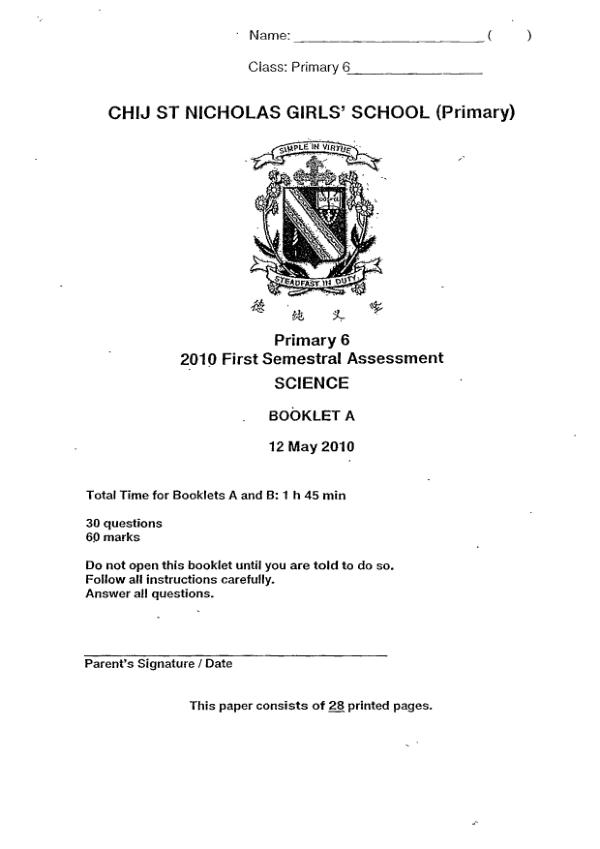 CHIJ P6 Sci WA2 2010 exam paper PDF first page preview