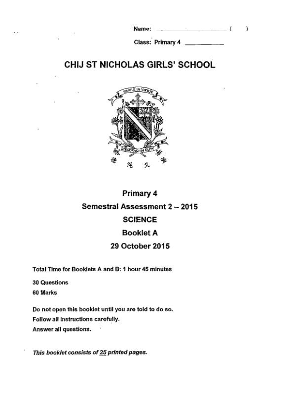 CHIJ P4 Sci SA2 2015 exam paper PDF first page preview