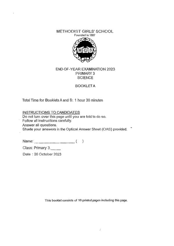 Methodist Girls P3 Sci SA2 2023 exam paper PDF first page preview