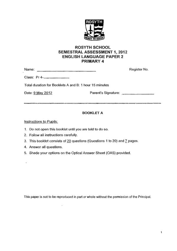 Rosyth P4 Eng WA2 2012 exam paper PDF first page preview