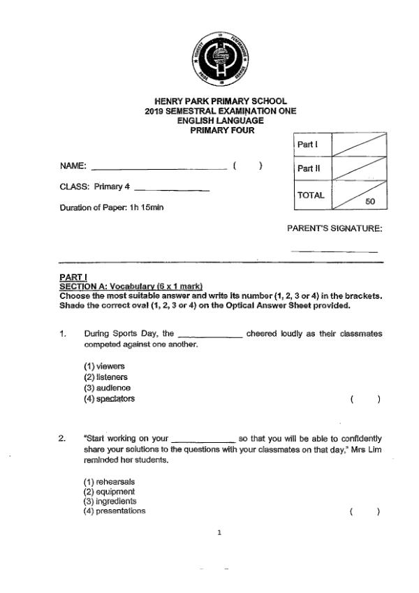 Henry Park P4 Eng WA2 2019 exam paper PDF first page preview