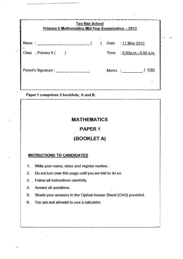 Tao Nan P6 Math WA2 2012 exam paper PDF preview