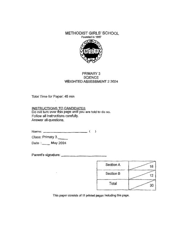 First page preview of P3 Sci 2024 WA2 — Methodist Girls
