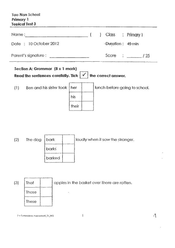 Tao Nan P1 Eng SA2 2012 exam paper PDF preview