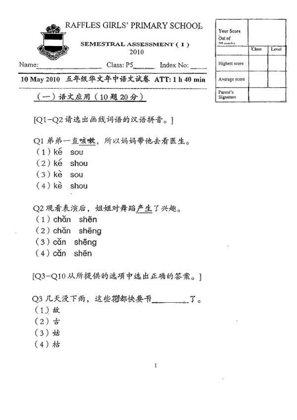 Raffles Girls P5 Chi WA2 2010 exam paper PDF first page preview