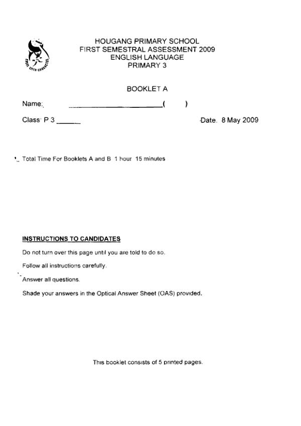 Hougang P3 Eng WA2 2009 exam paper PDF first page preview