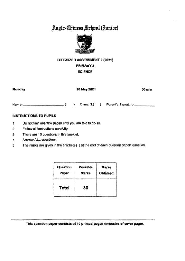 Anglo Chinese P3 Sci WA2 2021 exam paper PDF first page preview