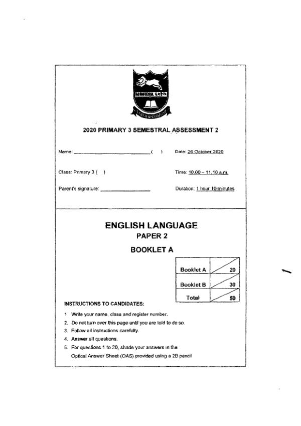 Tao Nan P3 Eng SA2 2020 exam paper PDF preview