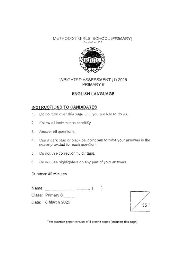 Methodist Girls P6 Eng WA1 2025 exam paper PDF first page preview