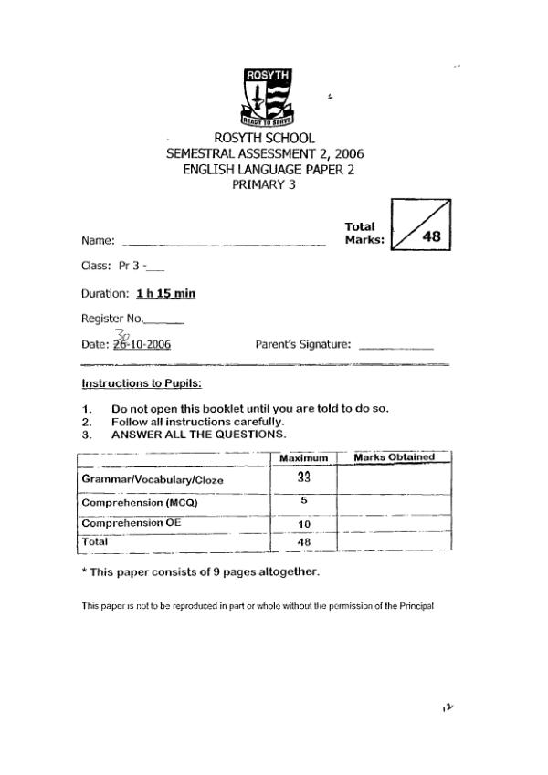 Rosyth P3 Eng SA2 2006 exam paper PDF preview