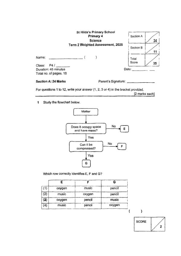 First page preview of P4 Sci 2025 WA2 — St Hildas