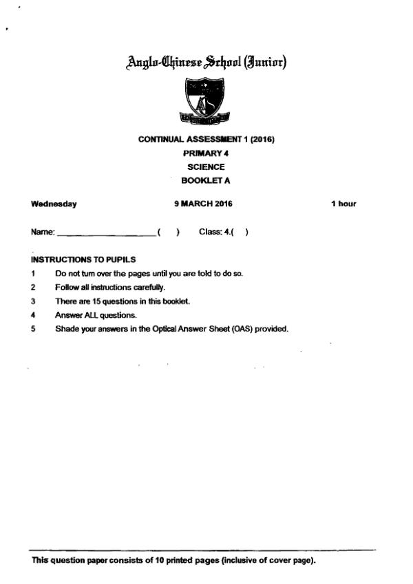Anglo Chinese P4 Sci WA1 2016 exam paper PDF preview