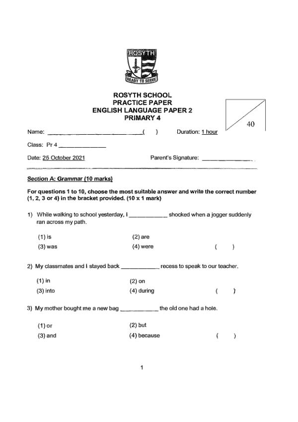 Rosyth P4 Eng SA2 2021 exam paper PDF preview