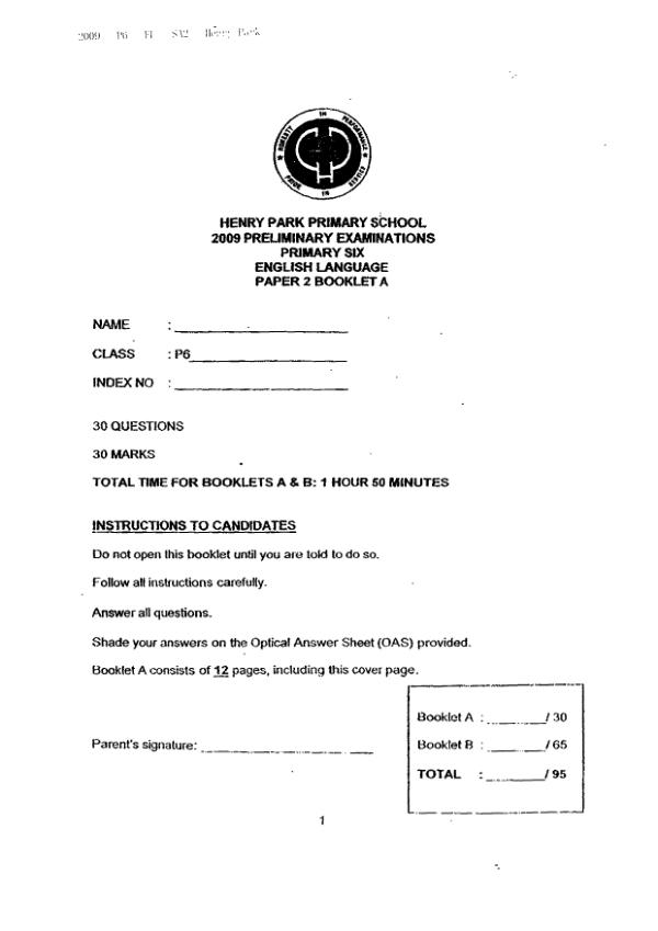 Henry Park P6 Eng SA2 2009 exam paper PDF preview