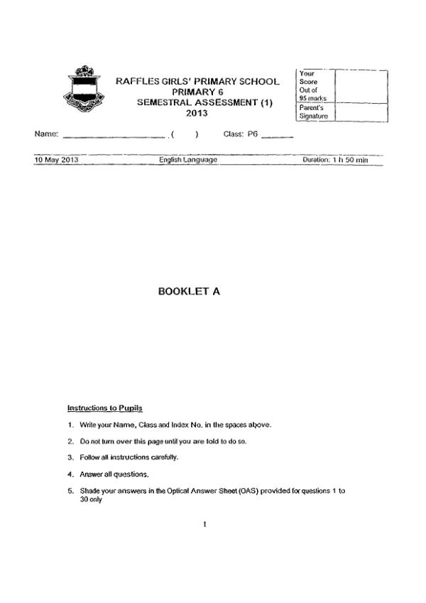 Raffles Girls P6 Eng WA2 2013 exam paper PDF first page preview