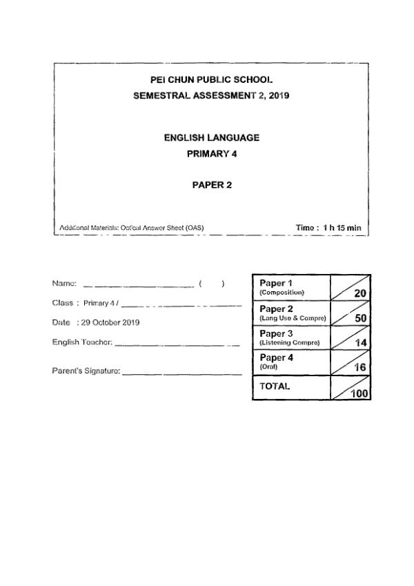 Pei Chun P4 Eng SA2 2019 exam paper PDF first page preview
