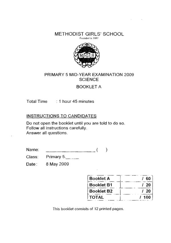 Methodist Girls P5 Sci WA2 2009 exam paper PDF preview