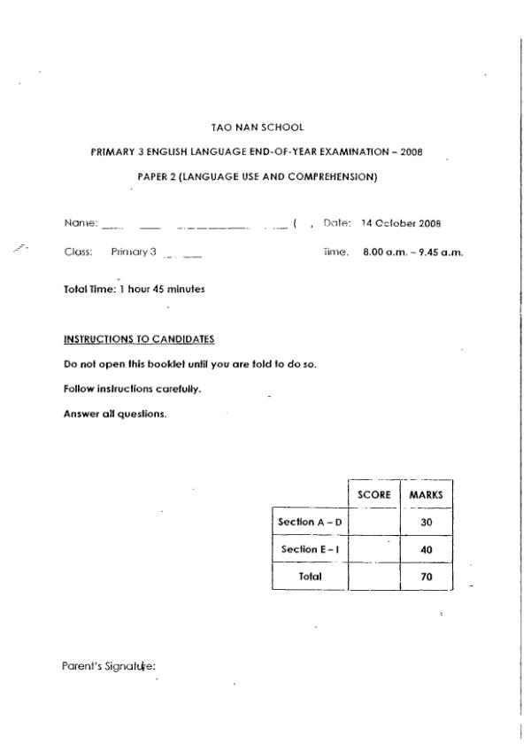 Tao Nan P3 Eng SA2 2008 exam paper PDF preview