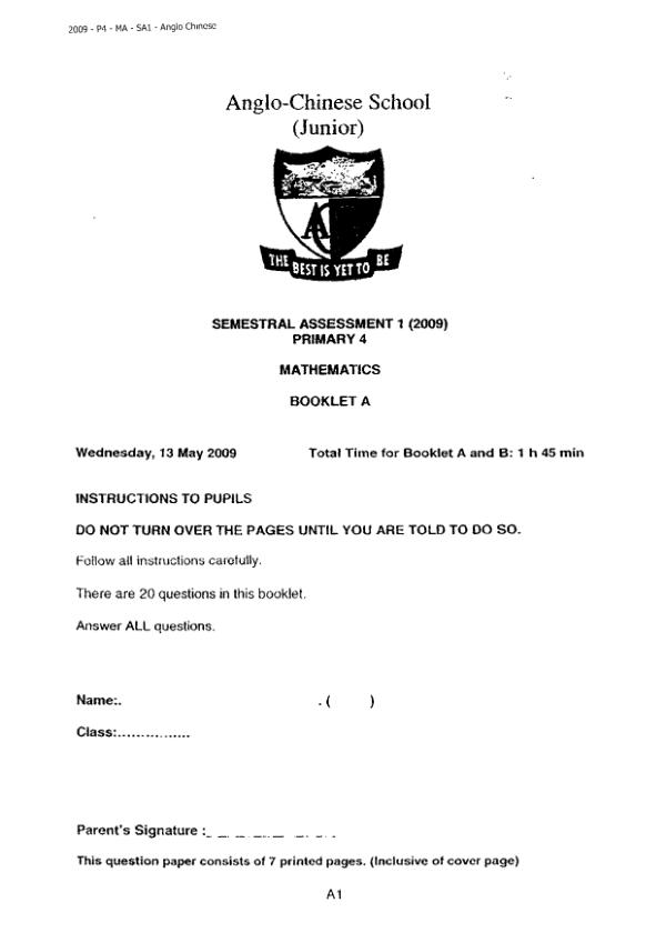 Anglo Chinese P4 Math WA2 2009 exam paper PDF first page preview