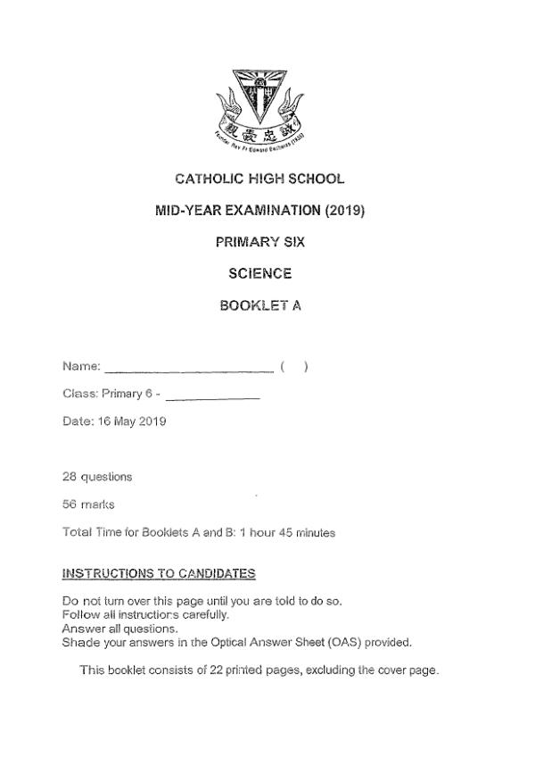 Catholic High P6 Sci WA2 2019 exam paper PDF first page preview