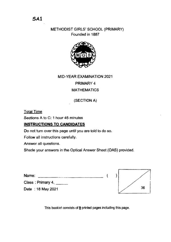 First page preview of P4 Math 2021 WA2 — Methodist Girls