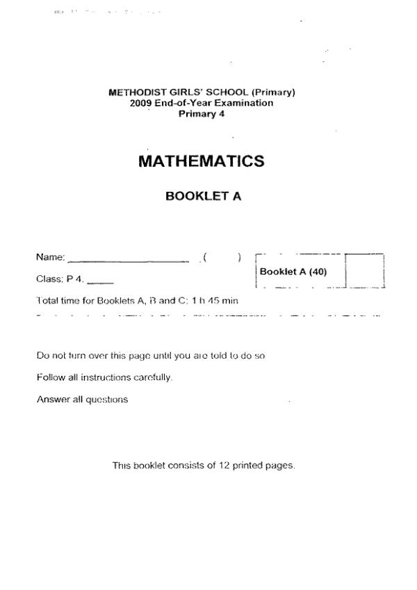 Methodist Girls P4 Math SA2 2009 exam paper PDF preview