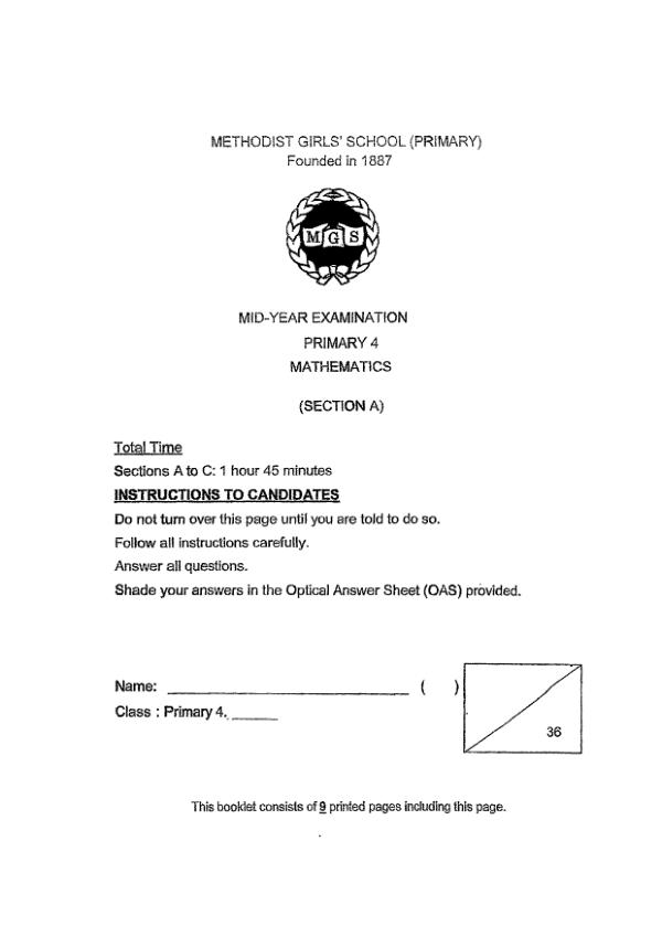 First page preview of P4 Math 2022 WA2 — Methodist Girls