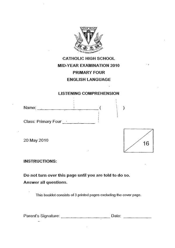 Catholic High P4 Eng WA2 2010 exam paper PDF preview
