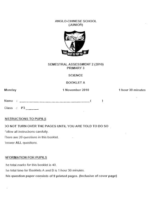 Anglo Chinese P3 Sci SA2 2010 exam paper PDF preview