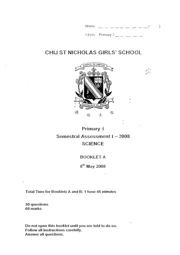 CHIJ P4 Sci WA2 2008 exam paper PDF preview