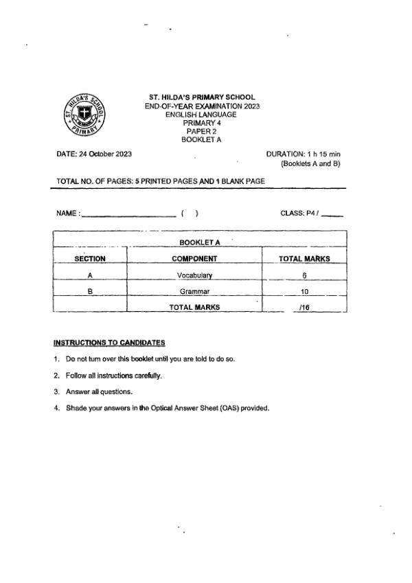 St Hildas P4 Eng SA2 2023 exam paper PDF preview