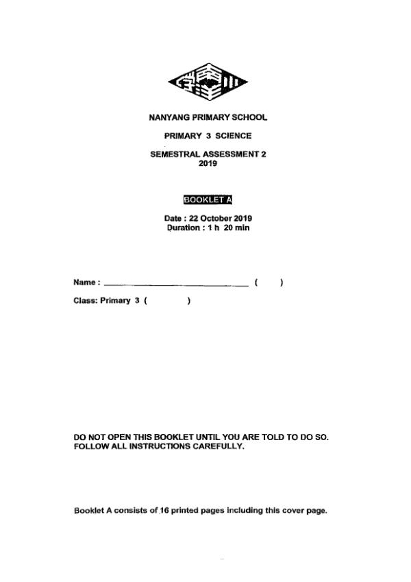 Nanyang P3 Sci SA2 2019 exam paper PDF first page preview