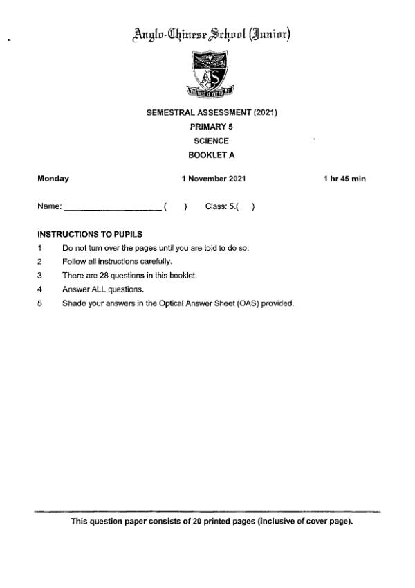 Anglo Chinese P5 Sci SA2 2021 exam paper PDF first page preview