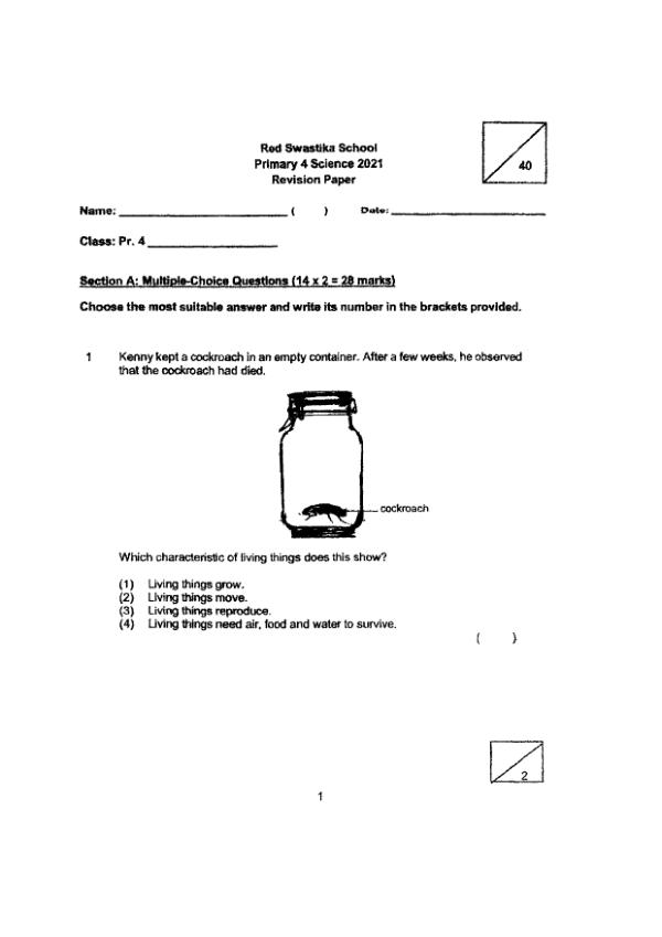 Red Swastika P4 Sci WA3 2021 exam paper PDF first page preview
