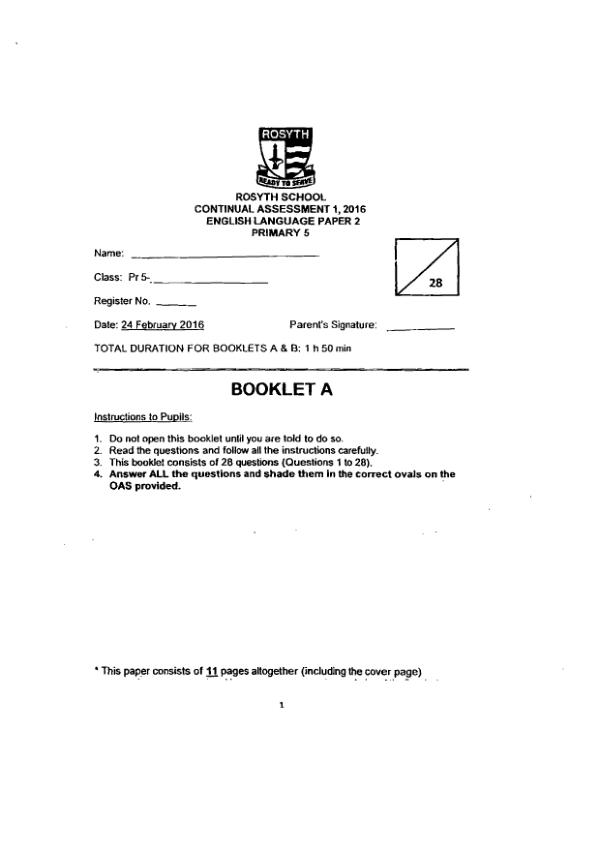 Rosyth P5 Eng WA1 2016 exam paper PDF preview
