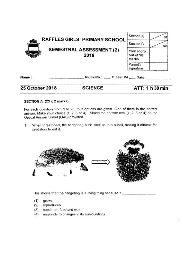 Raffles Girls P4 Sci SA2 2018 exam paper PDF preview
