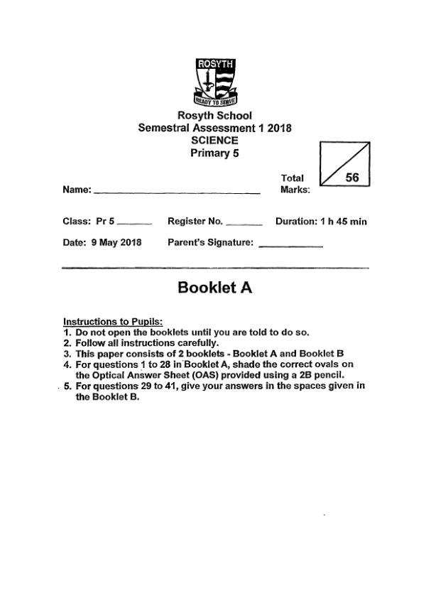 Rosyth P5 Sci WA2 2018 exam paper PDF first page preview