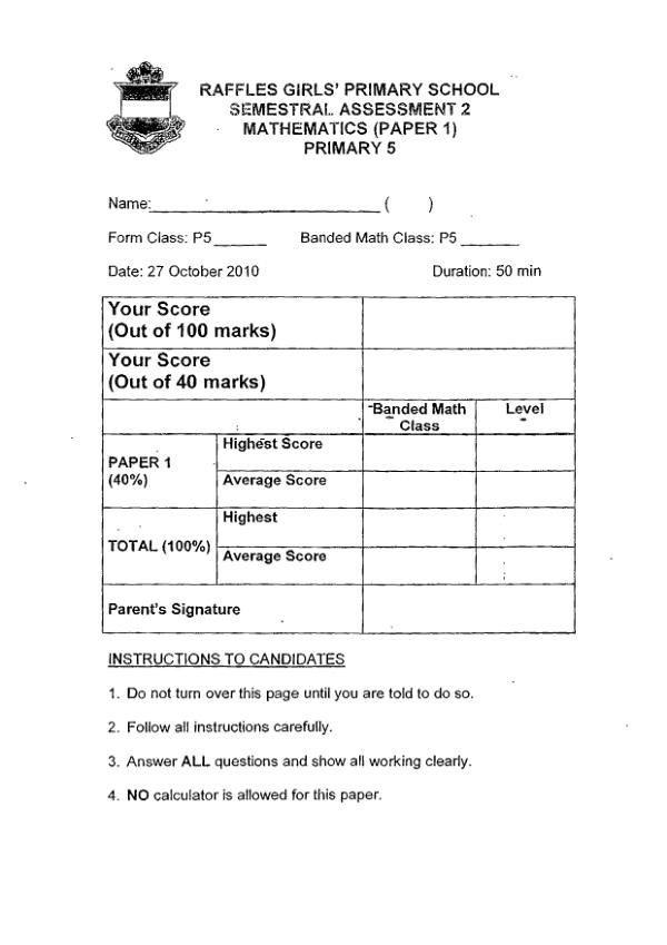 Raffles Girls P5 Math SA2 2010 exam paper PDF preview