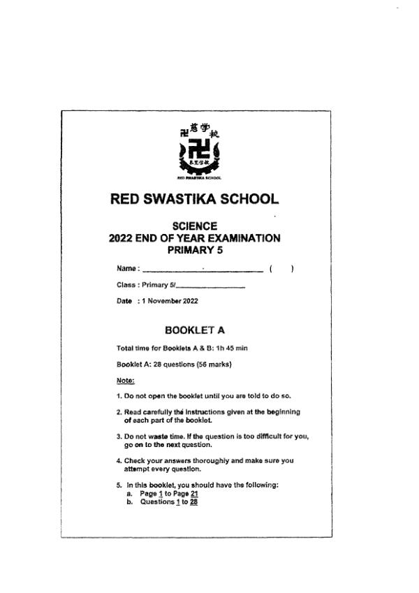 Red Swastika P5 Sci SA2 2022 exam paper PDF first page preview