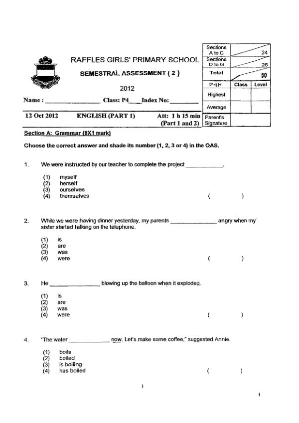 Raffles Girls P4 Eng SA2 2012 exam paper PDF preview