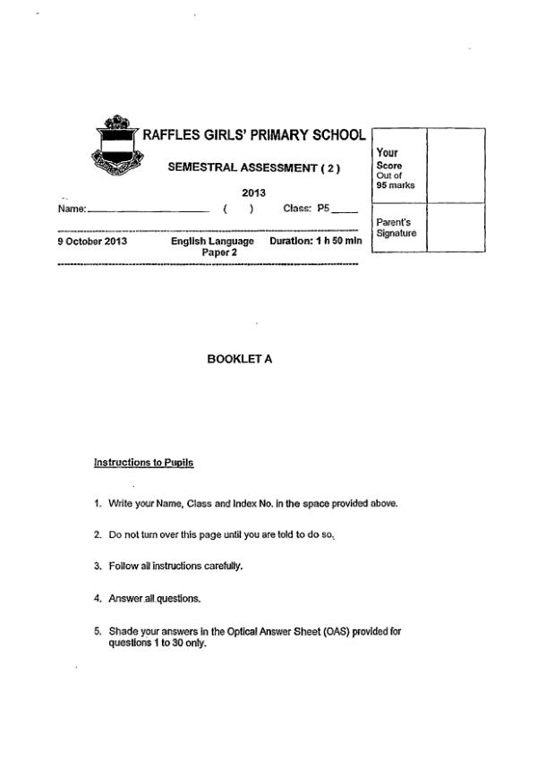 Raffles Girls P5 Eng SA2 2013 exam paper PDF first page preview