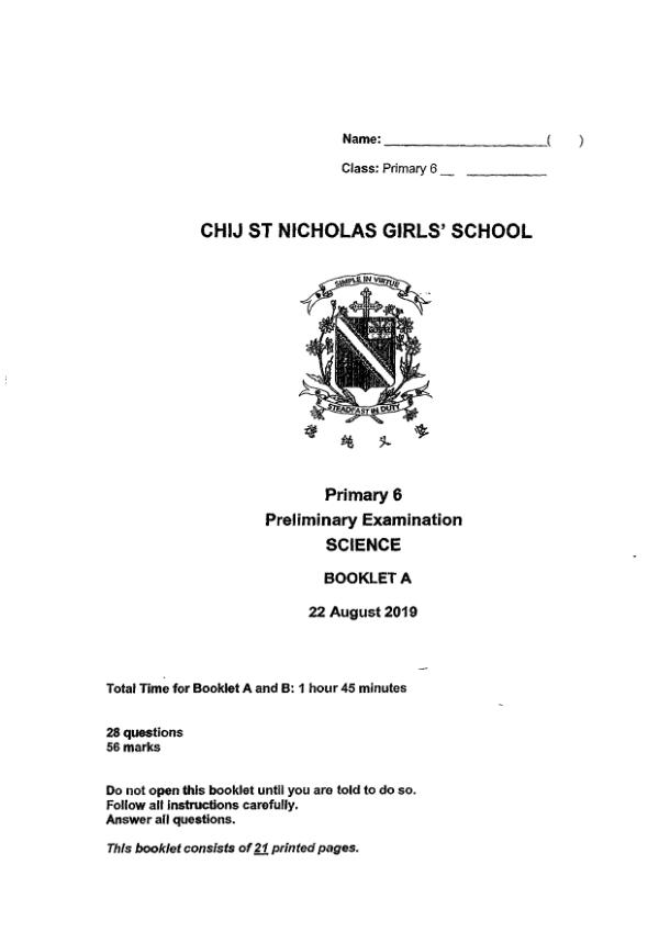 CHIJ P6 Sci SA2 2019 exam paper PDF preview