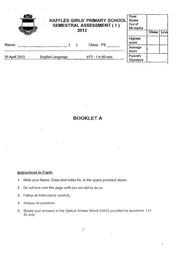 Raffles Girls P5 Eng WA2 2012 exam paper PDF preview