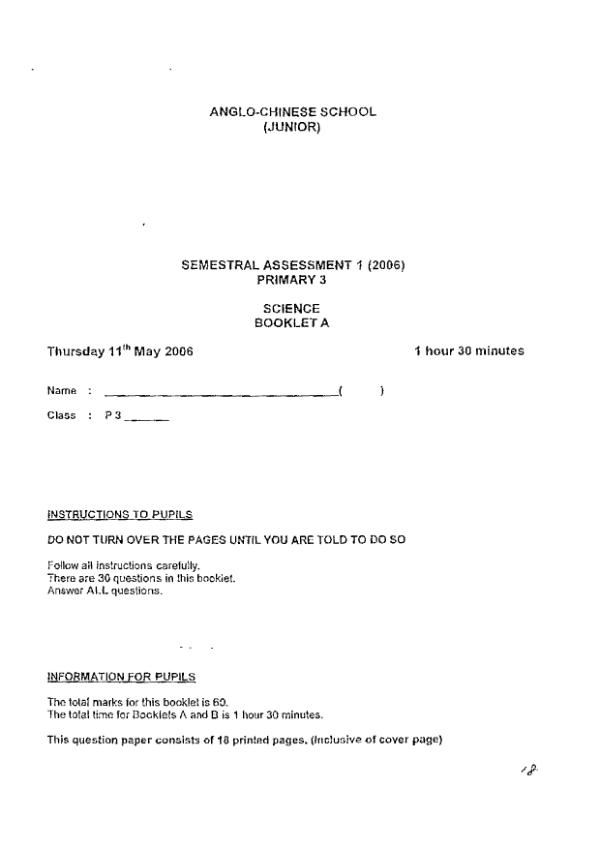 Anglo Chinese P3 Sci WA2 2006 exam paper PDF preview