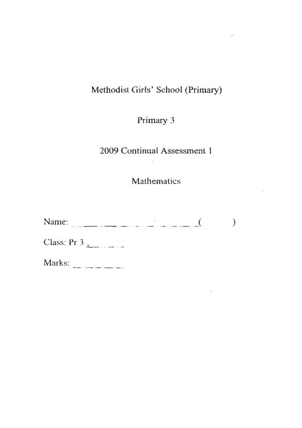 Methodist Girls P3 Math WA1 2009 exam paper PDF preview